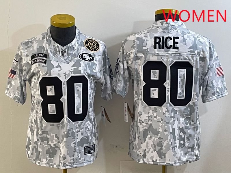 Women San Francisco 49ers 80 Rice Nike Arctic Camo 2025 Salute to Service Limited NFL Jersey style 3